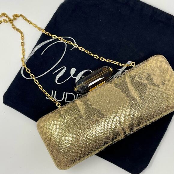 Overture Judith Leiber Golden Metallic Python Embossed Leather Evening Bag Jewel - Picture 5 of 14